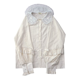 White doll-collar blouse with lace trim and satin bows, long ruffle sleeves gothic lolita, soft girl blouse