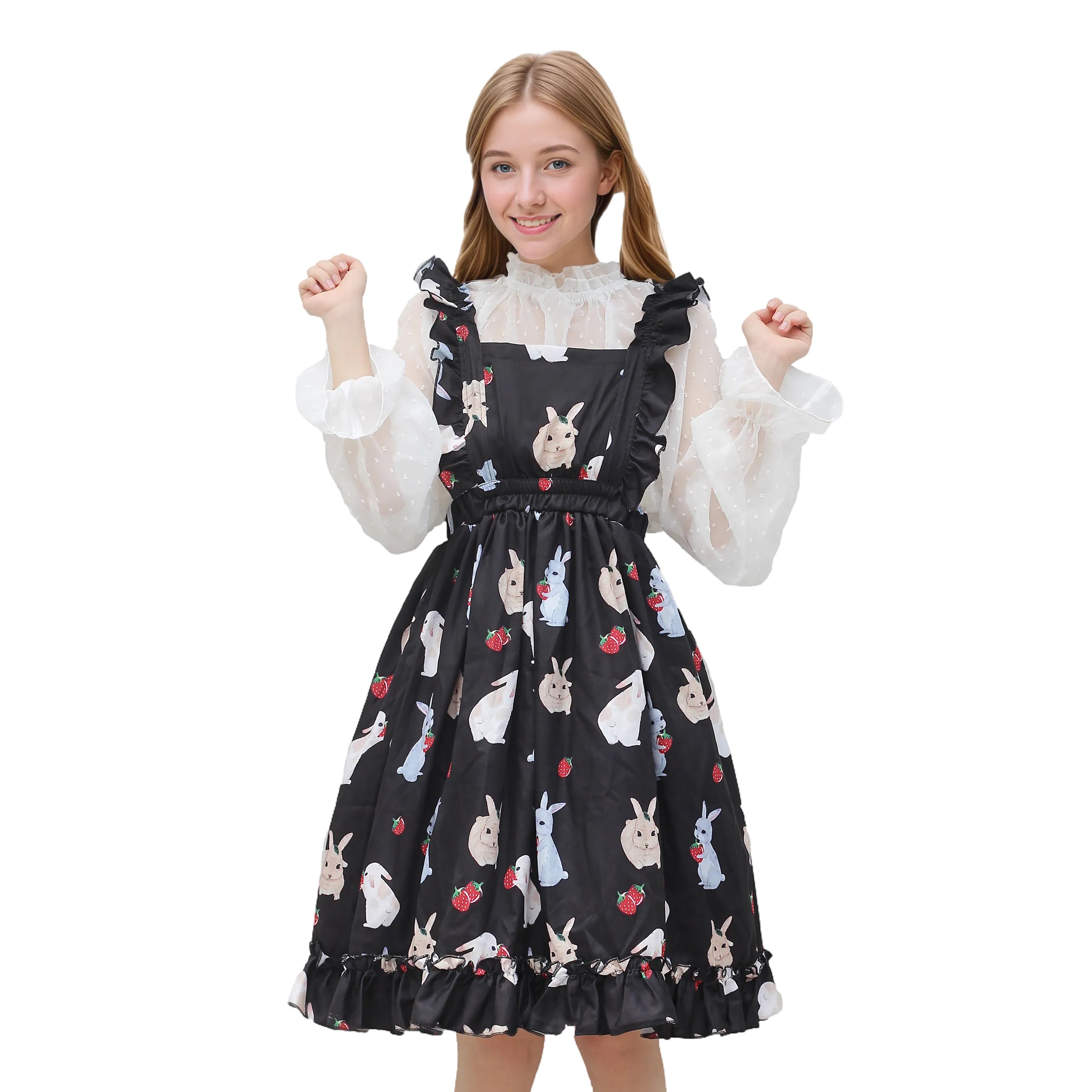 Sweet Lolita Rabbit Print Suspender Dress with Strawberry Pattern Kawa Sweet Lolita Rabbit Print Suspender Dress with Strawberry Pattern Kawa