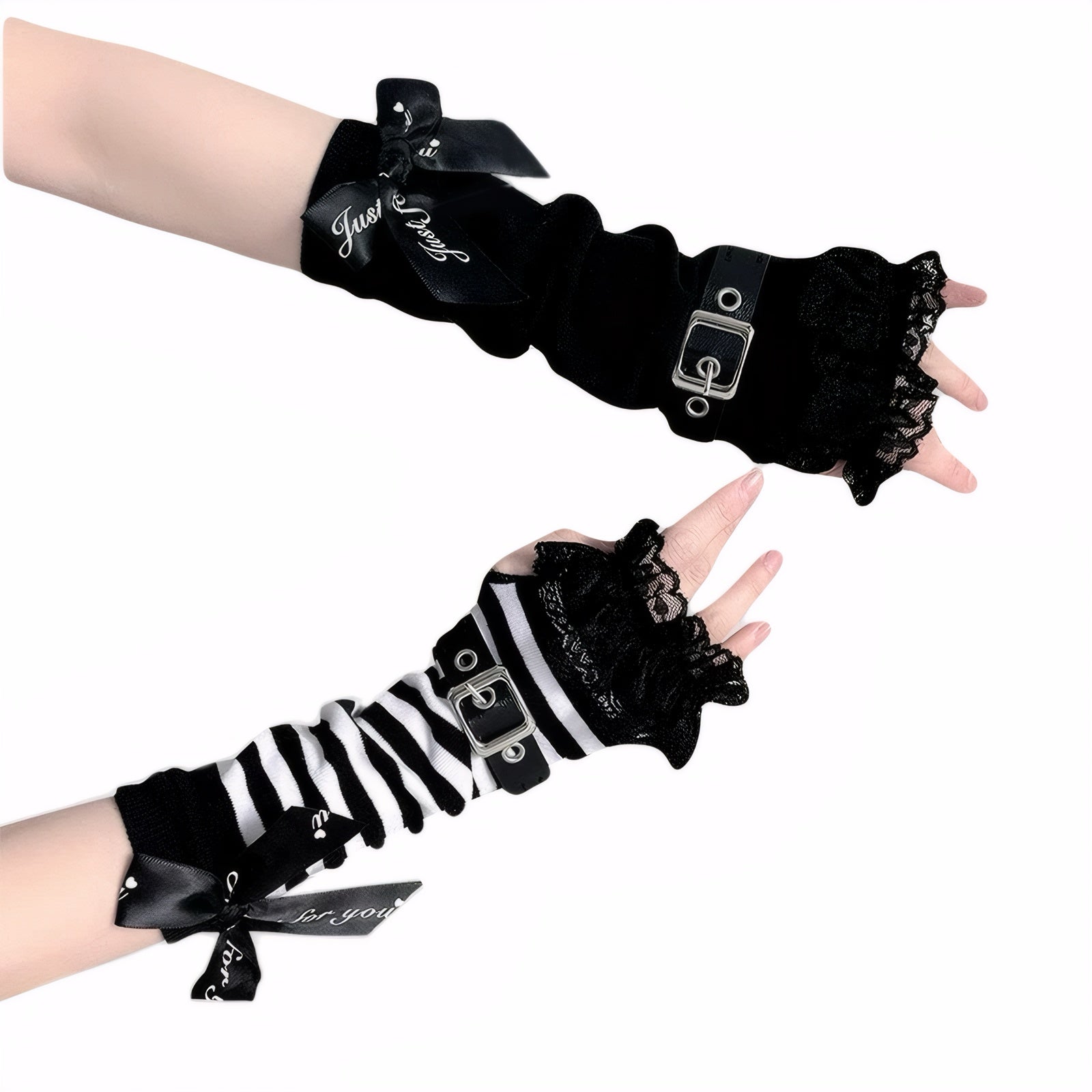 Black and striped Gothic Lolita lace arm warmers with buckles and satin bows, fingerless buckle glove style e-girl accessories