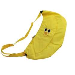 Front view of yellow banana-shaped crossbody bag with embroidered smiling face