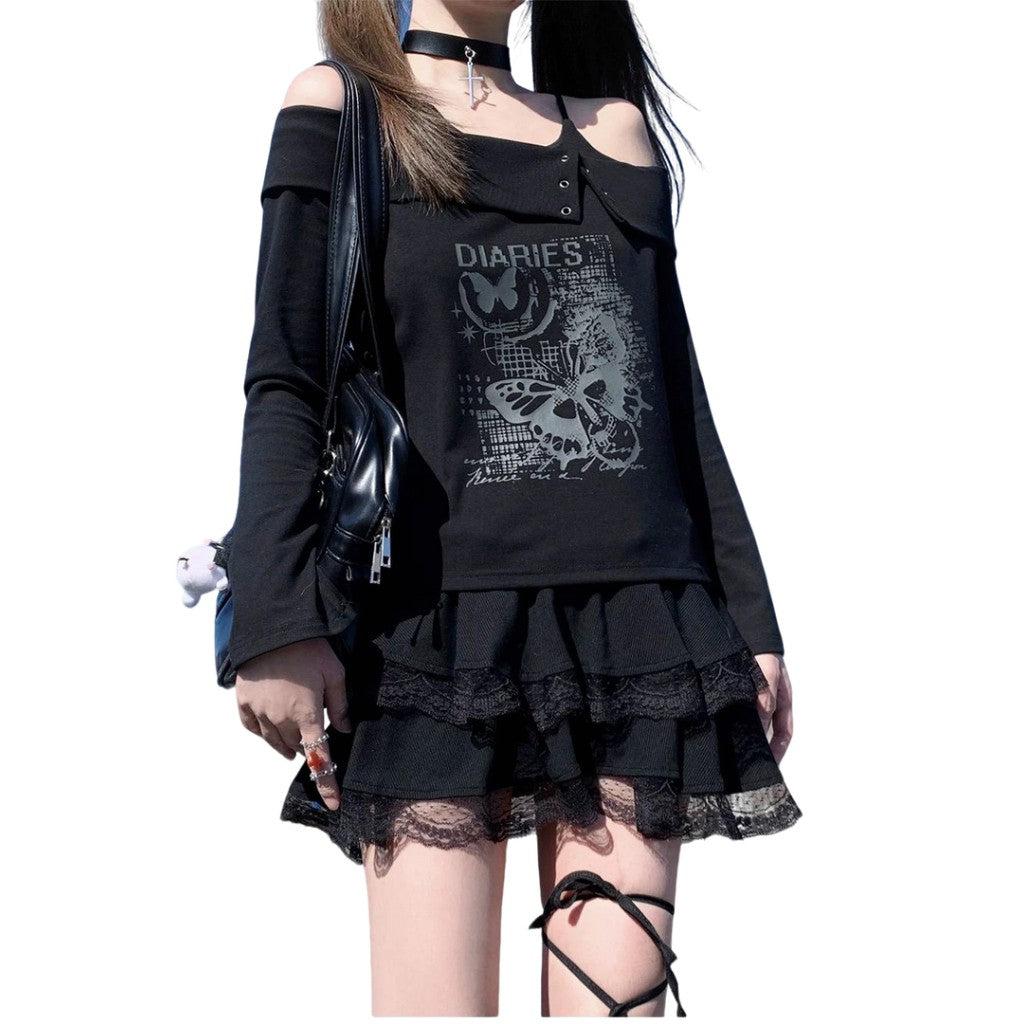 Black aesthetic blouse with slim fit and exposed shoulders