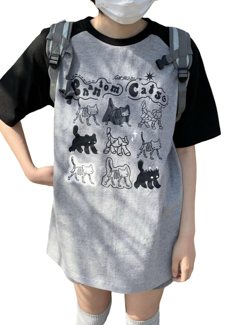 Y2K streetwear cat graphic tee in dark monochrome palette