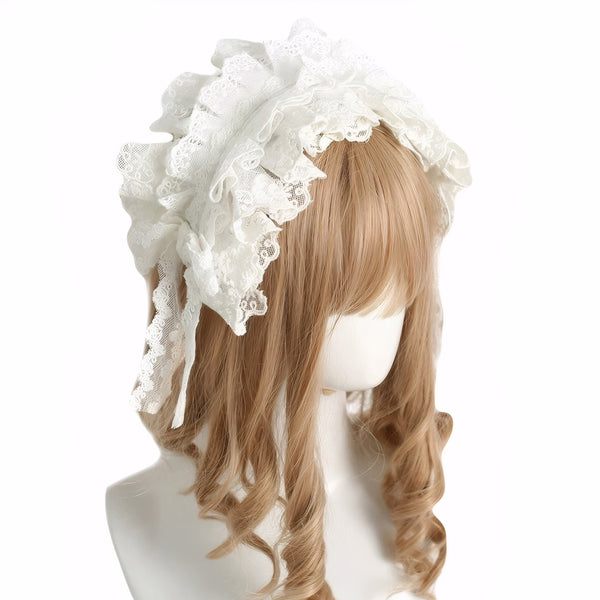 White Lolita lace bonnet with ruffles and vintage ribbons lolita headdress, french lace bonnet