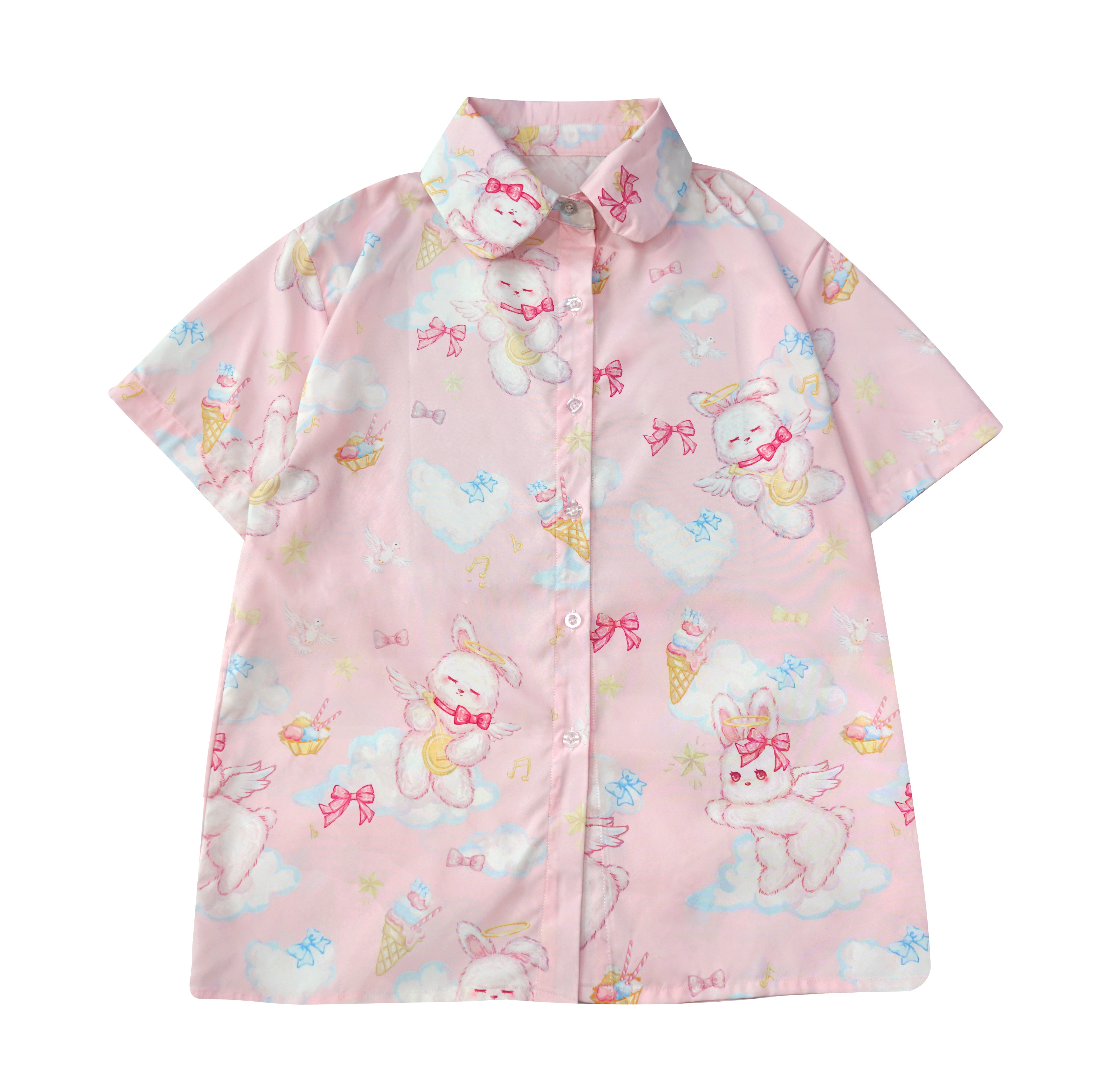 Light pink kawaii bunny and cloud print button-down blouse for girls or Harajuku fashion cute button down shirt