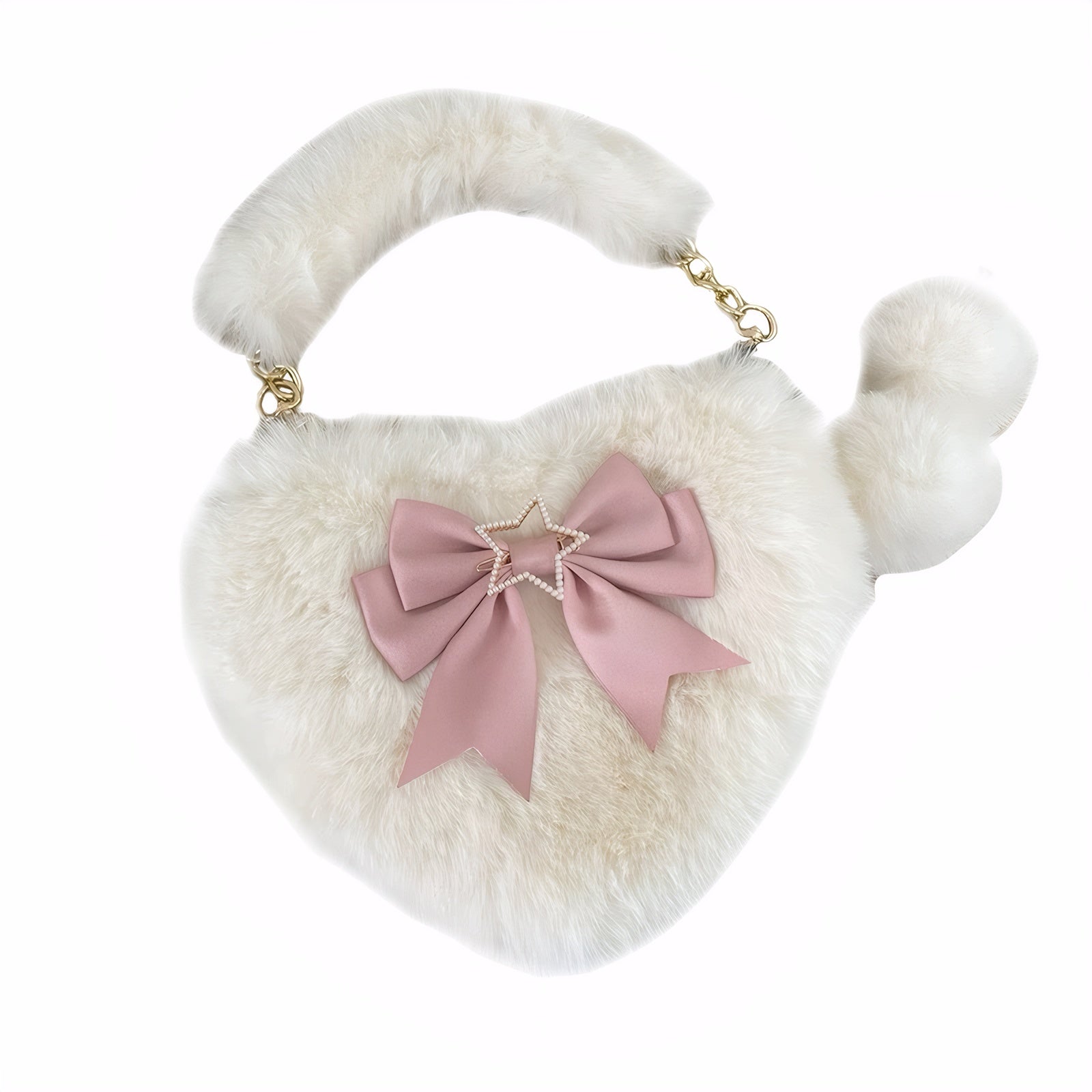 Cream heart-shaped furry bag with pink bow and pearl star charm furry shoulder bag
