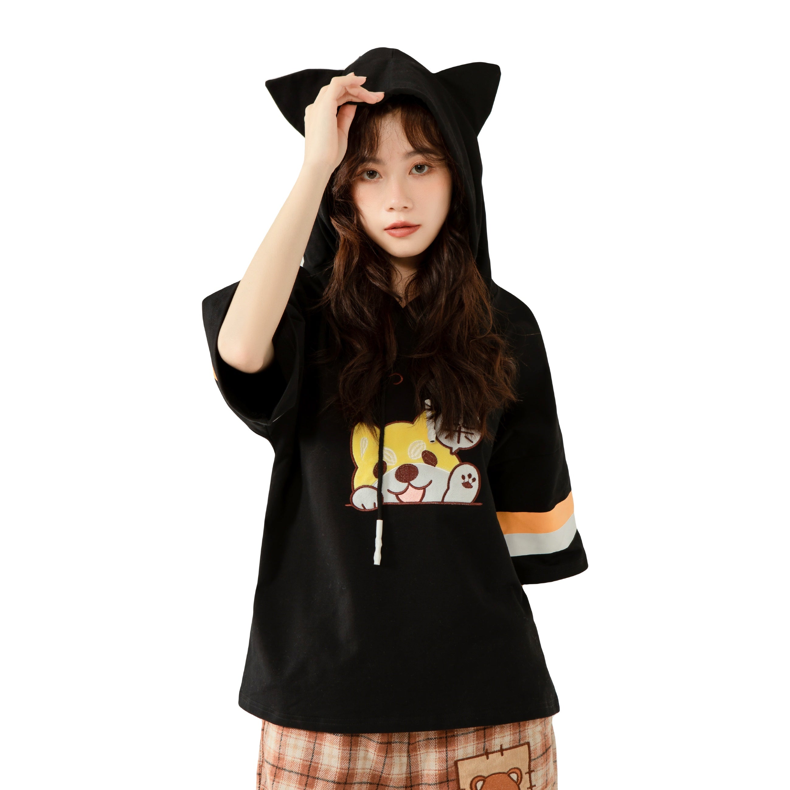 Kawaii hoodie t-shirt with embroidered Shiba Inu puppy face, cat ear hood, short sleeves, and striped sleeve details – available in black and white