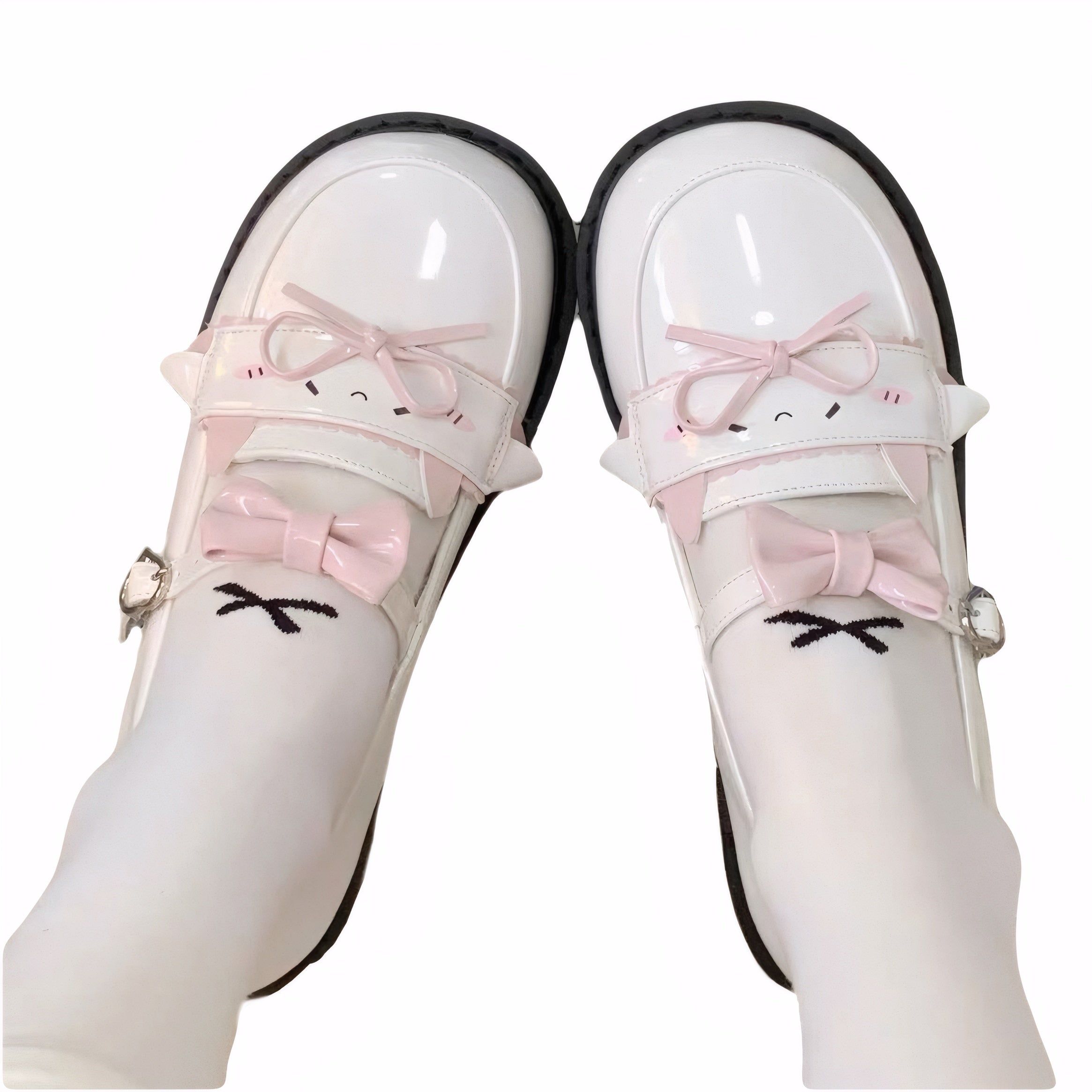 Kawaii low heel cat face Mary Jane shoes with PU patent finish, bows, and JK-style details in pink, black, or brown