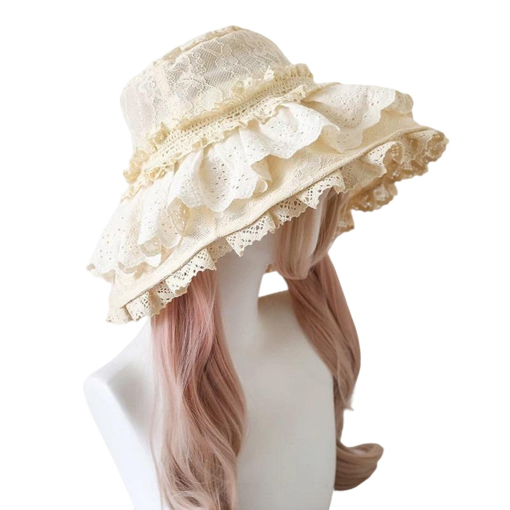 Lace Lolita Bonnet Hat Victorian Kawaii Sun Hat with Optional Bows for Ladies
