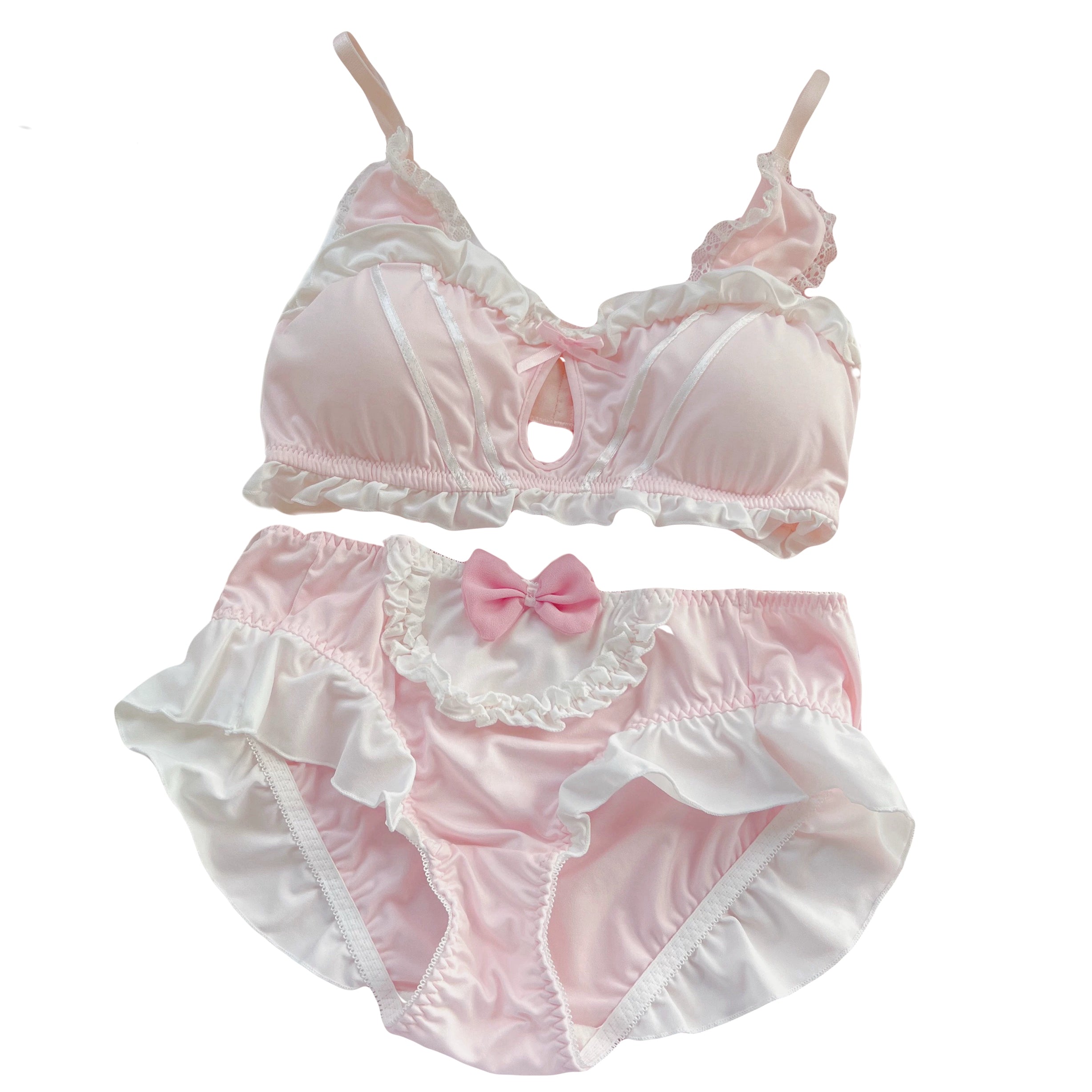 Cute pink and white bunny ears lingerie set with ruffle trim and bow accents