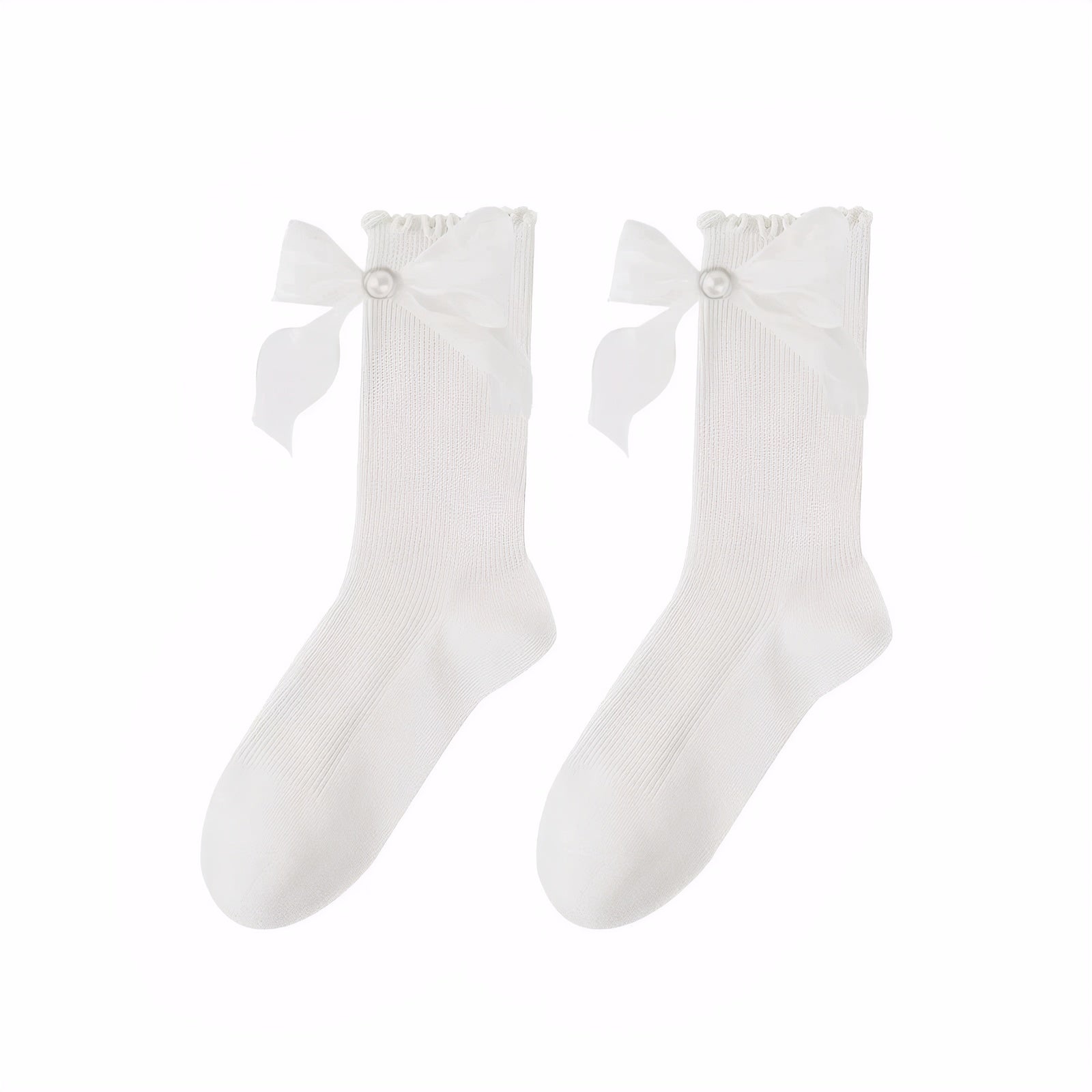 Cute mid-calf socks with pearl bow decoration and lettuce edge trim, thin cotton lolita socks in off-white