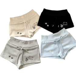 High waist cotton shorts with cute cat face and paw prints, drawstring waistband in four pastel colors