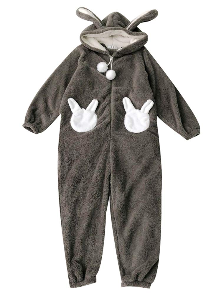 Cute bunny ear hooded onesie with fleece fabric and rabbit hand pockets – cozy loungewear for women fluffy sleepwear