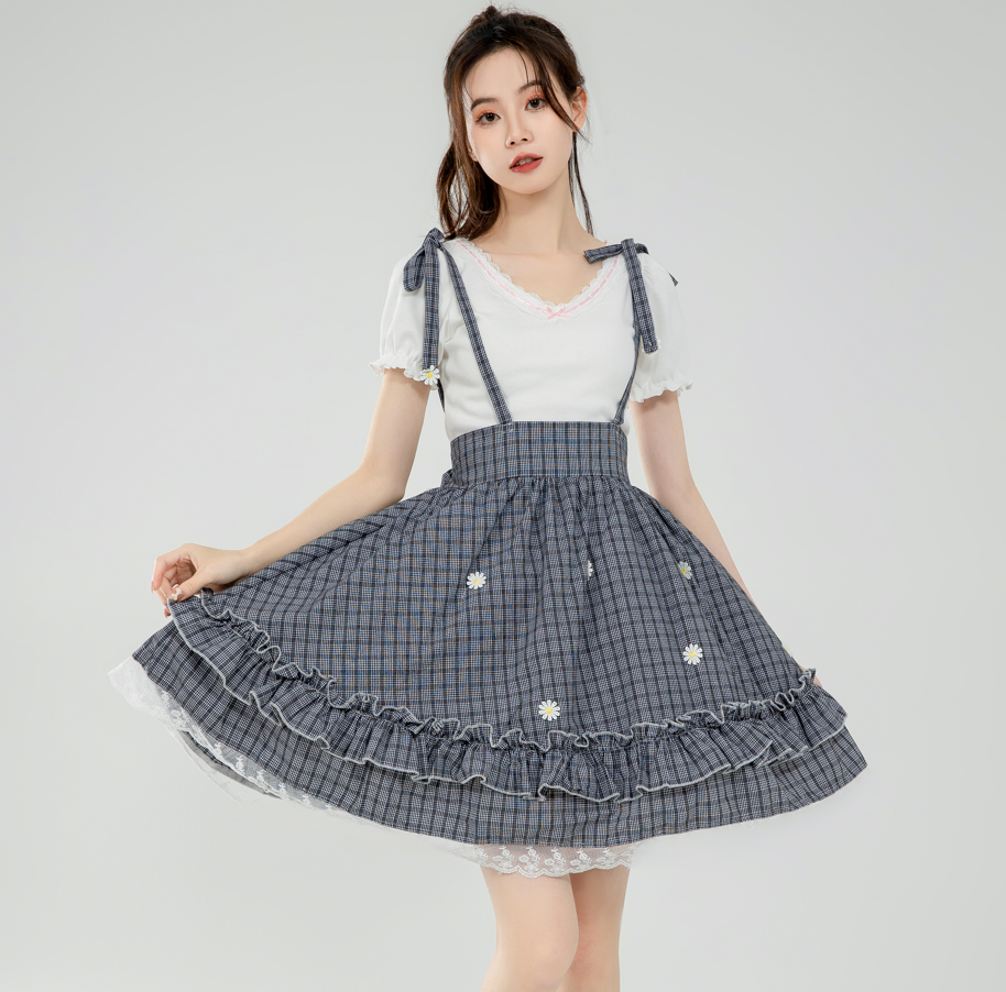 gingham suspender skirt with ruffle trim and daisy embroidery