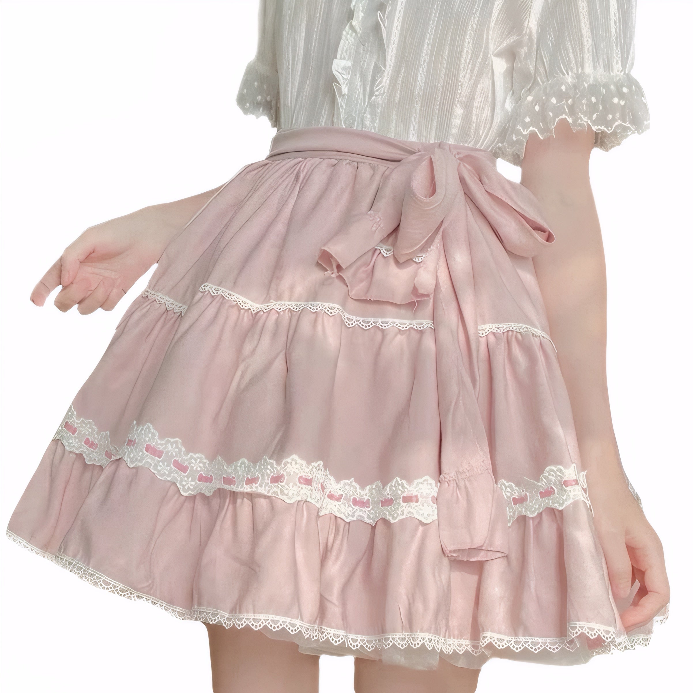Pink layered mini skirt with bow and lace trim sweet lolita clothing, harajuku mini skirt