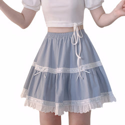 Kawaii pastel blue Lolita mini skirt with double lace ruffles, ribbon bows, and high waist A-line silhouette for girls
