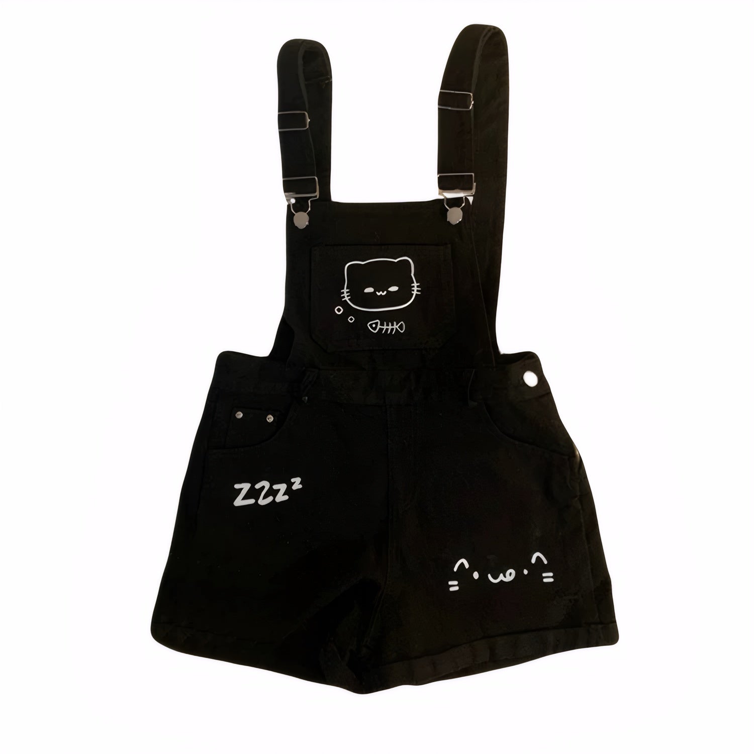 Black suspender shorts with cute white cartoon cat print, "Zzz" text and kawaii face on pockets korean style overalls, e-girl outfit