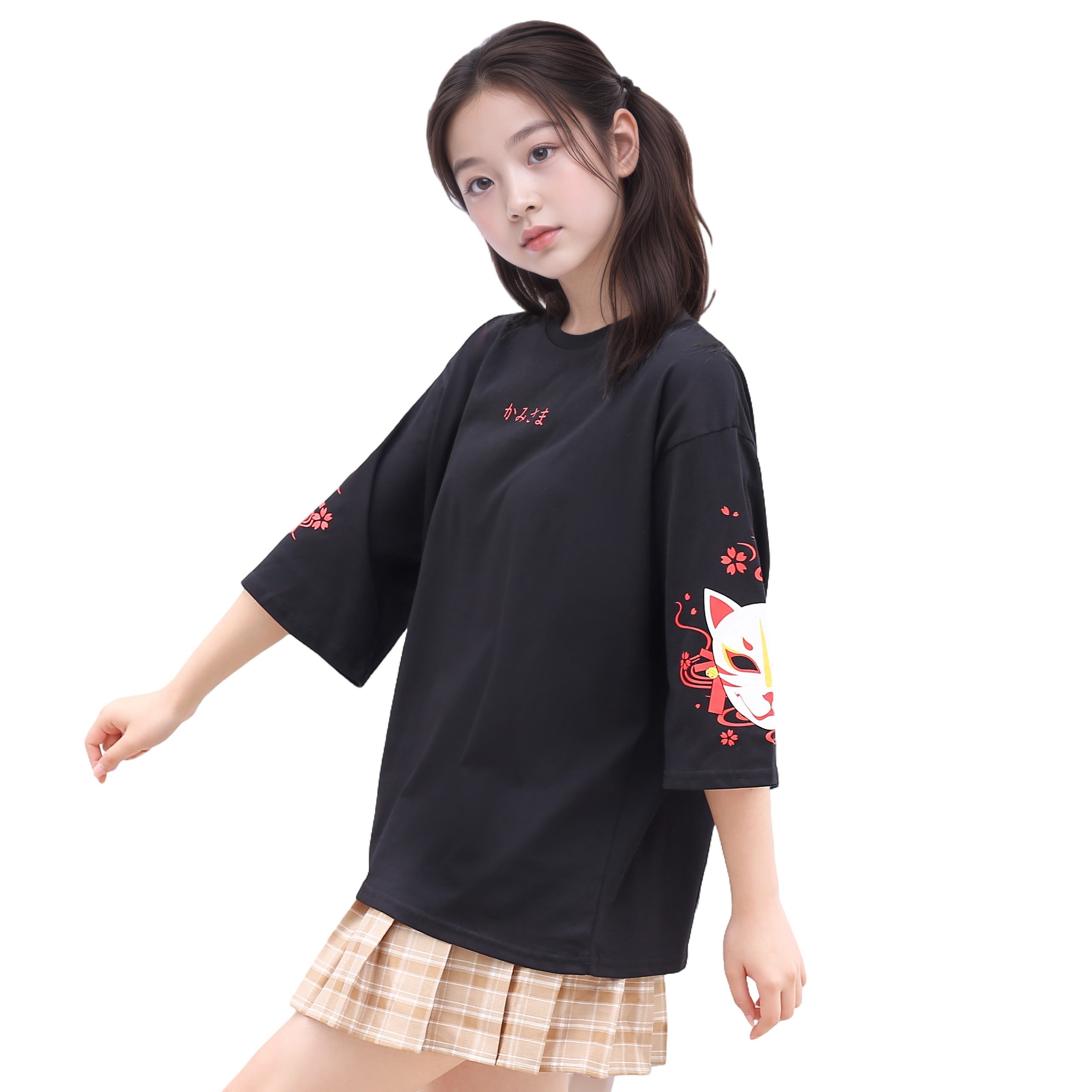 Japanese style women's tee with lace-up back and kimono fox motif cosplay fox shirt