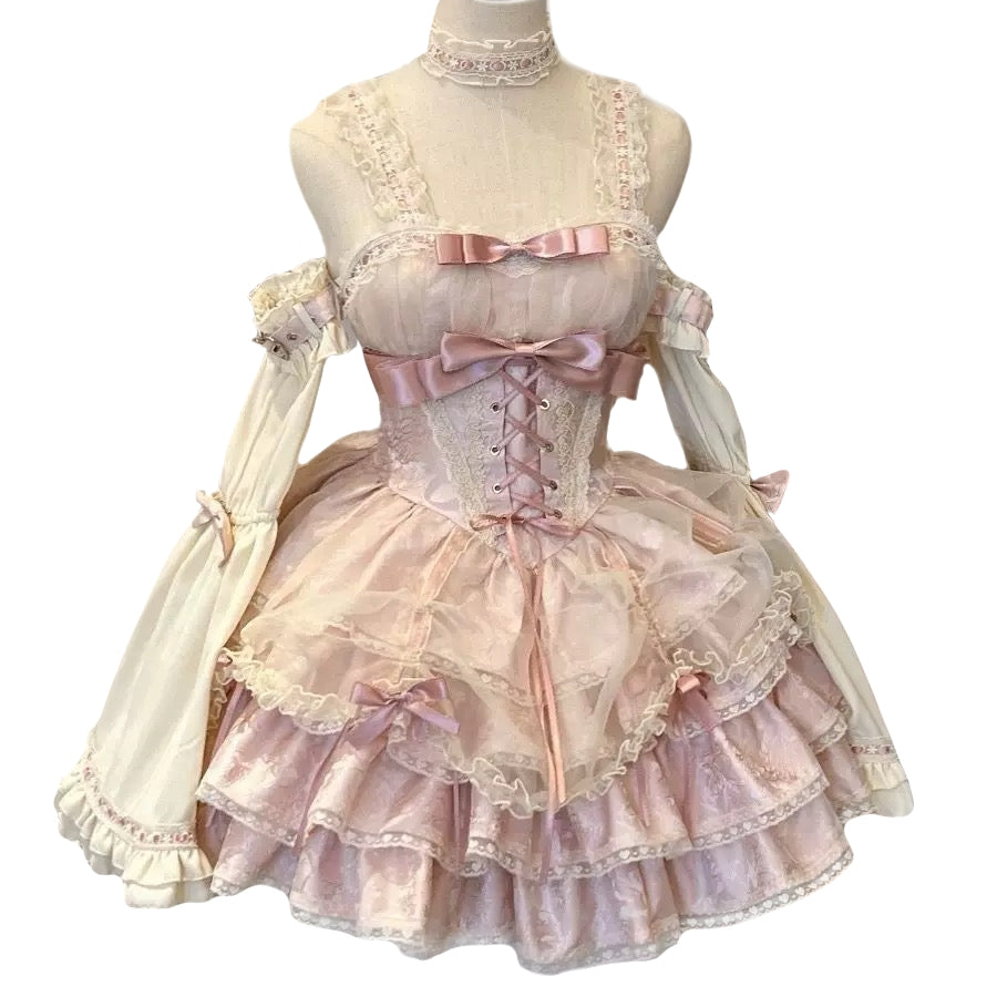 Elegant detachable sleeve party dress with satin bows layered organza gown lolita dress