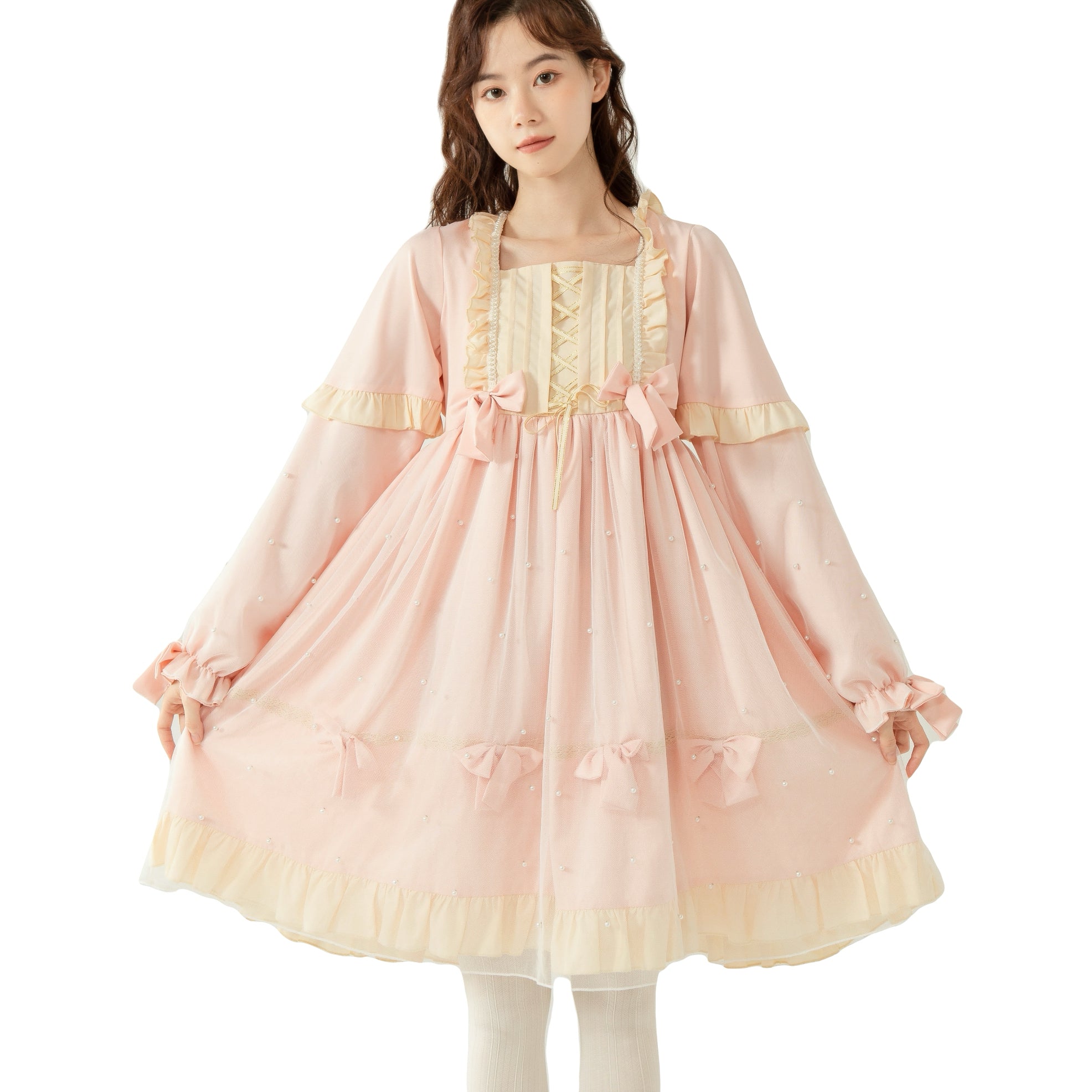 Sweet Lolita Pearl Bow Princess Dress Long Sleeve Japanese Style Mesh Sweet Lolita Pearl Bow Princess Dress Long Sleeve Japanese Style Mesh