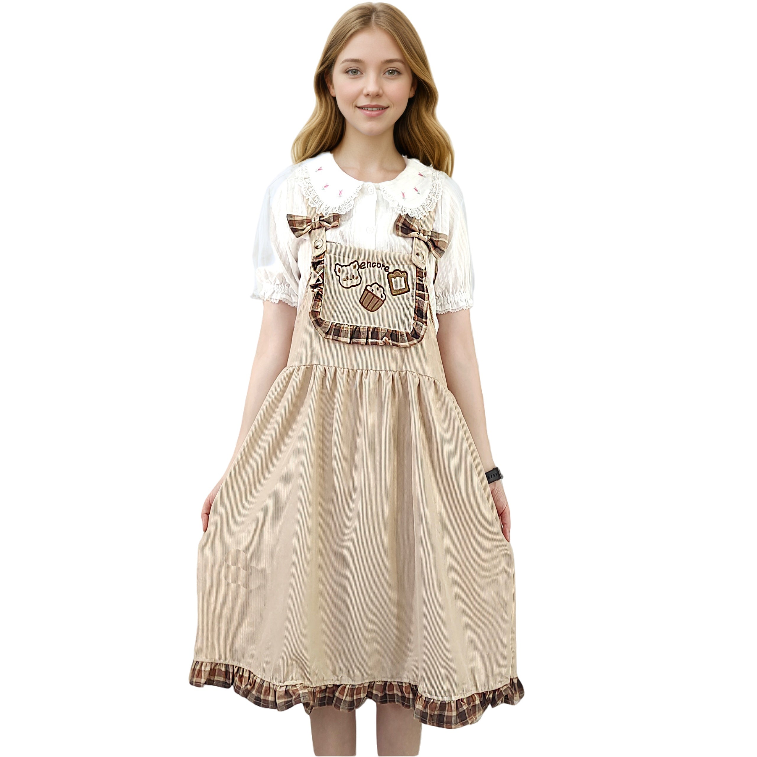 Cute corduroy pinafore dress with bear embroidery and ruffle trim kawaii aesthetic clothing