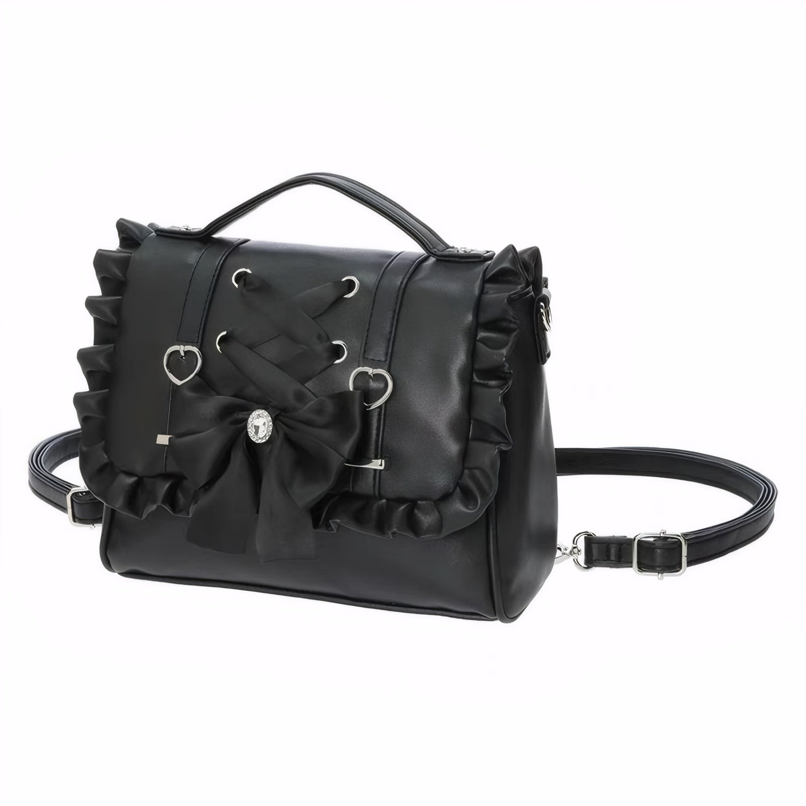 Black Lolita PU handbag with ruffle trim, heart buckles, bow and lace-up design.