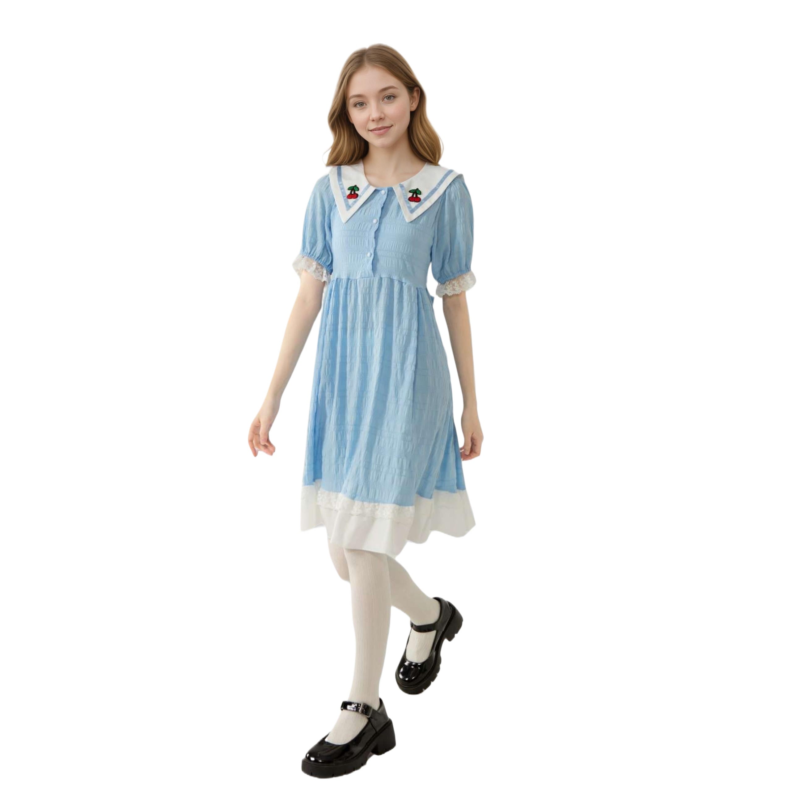 Back bow and square sailor collar on pastel Lolita dress, soft A-line silhouette.