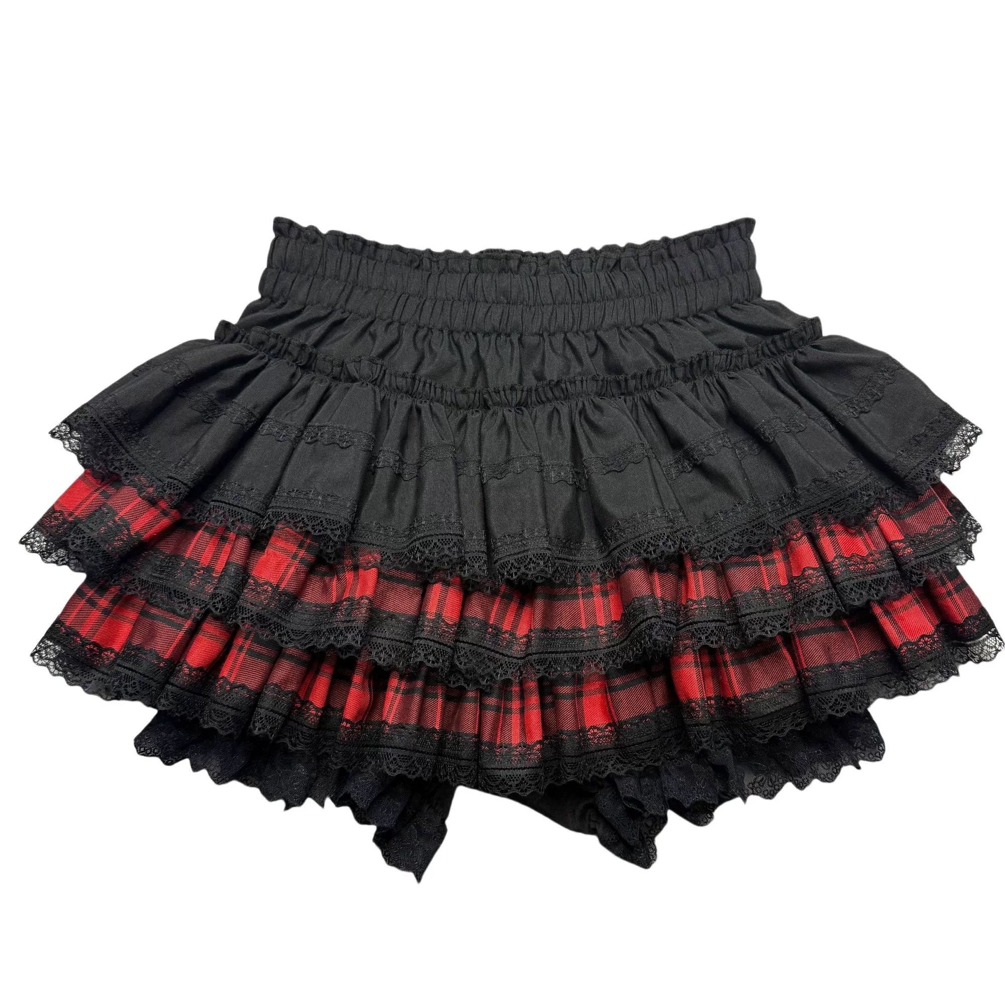 Red plaid Y2K ruffle skirt shorts with gothic lace
