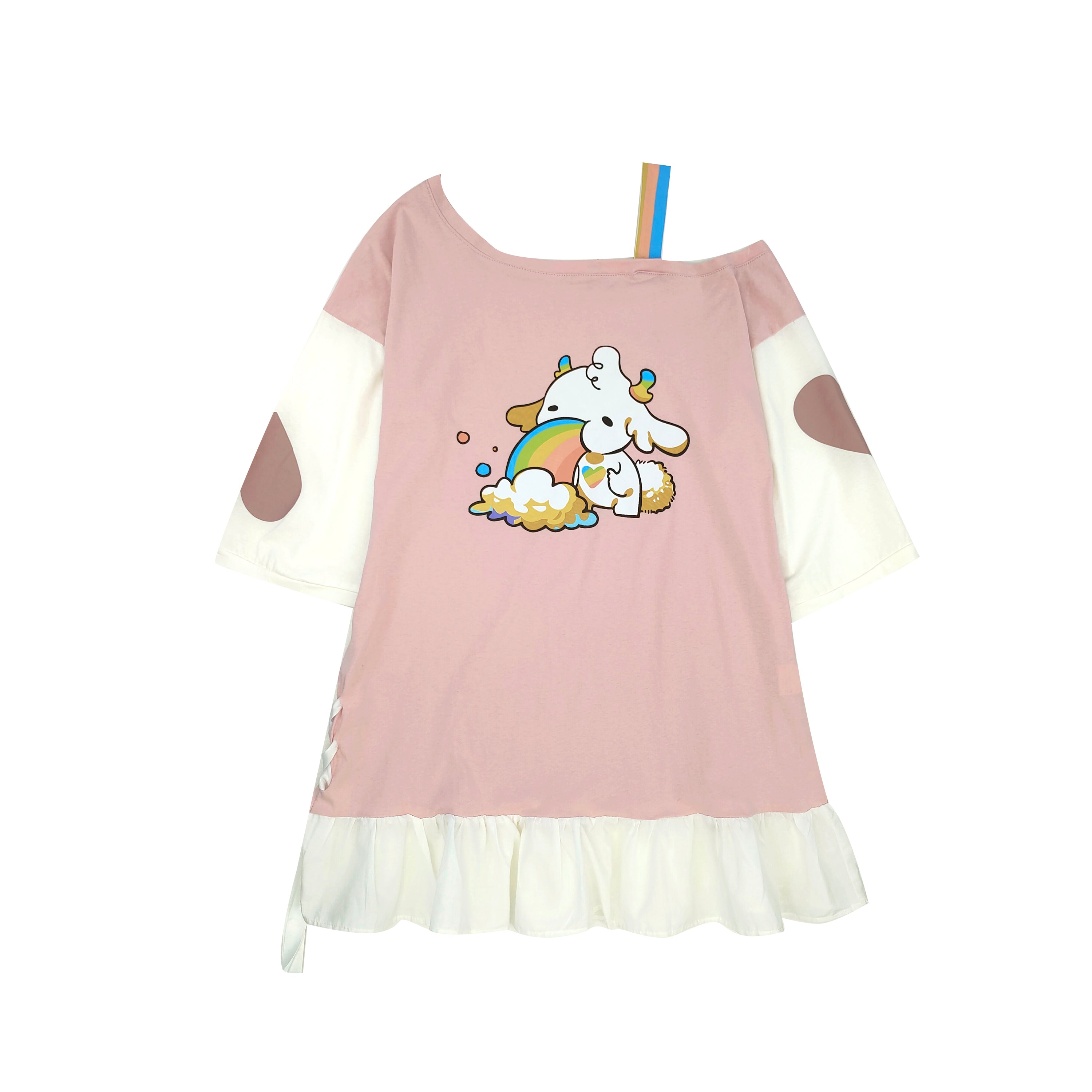 Kawaii pink rainbow deer graphic dress with off-shoulder design and ruffle hem