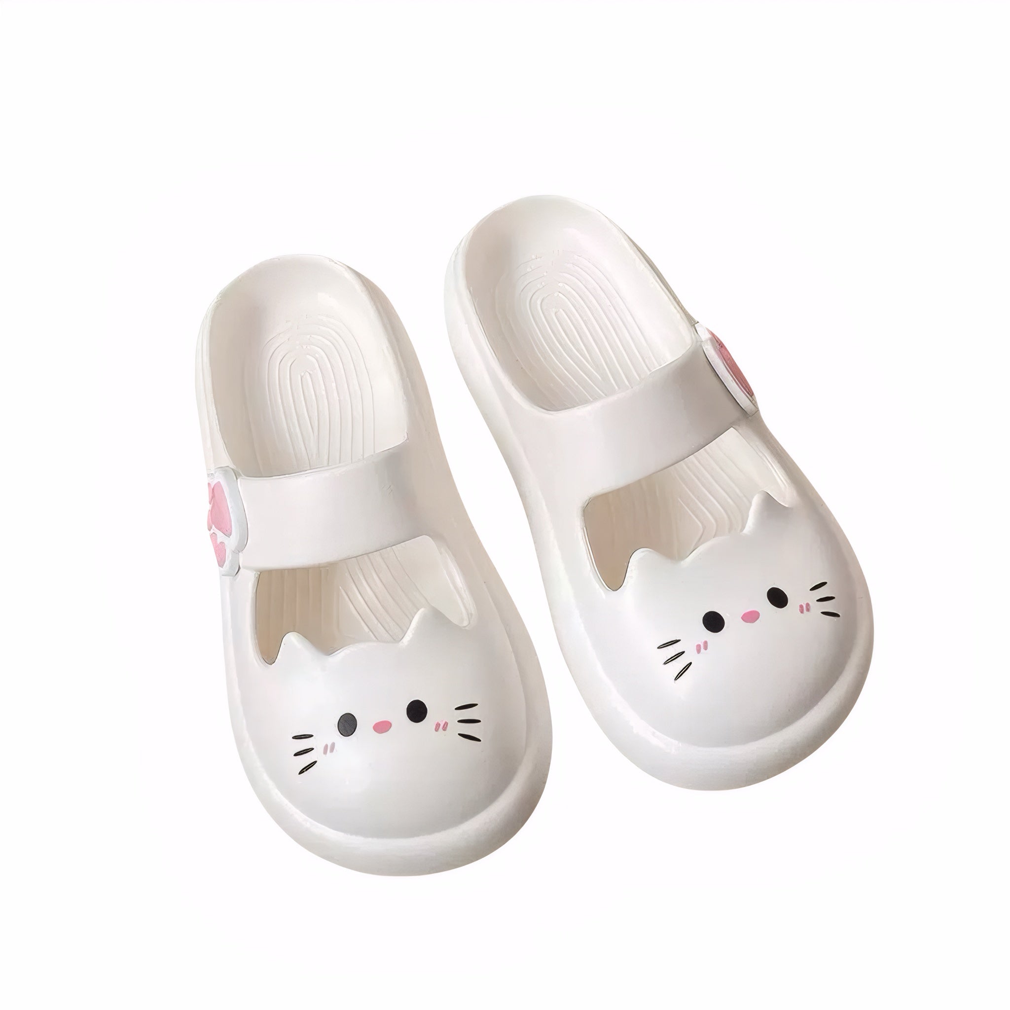 Kawaii closed-toe clog sandals for women featuring cartoon cat and bear faces, soft thick soles, and paw strap decoration.