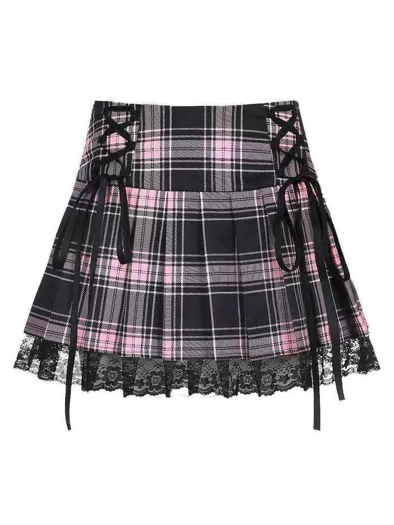 Harajuku Gothic Lace Trim Plaid Pleated Skirt with Side Lace-Up High Waist Punk JK Mini Skirt