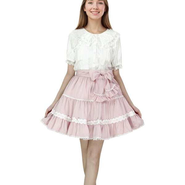 Sweet pink Lolita bow lace tiered short skirt for teens, kawaii pleated tutu style.