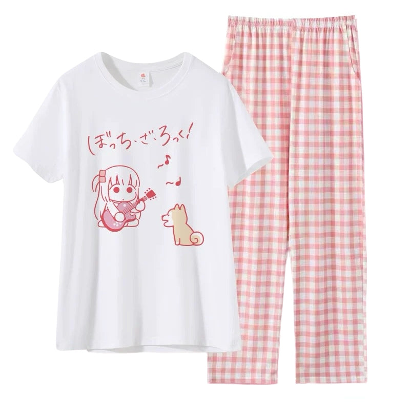 Pink cozy cartoon pajama set with guitar girl and plaid lounge trousers