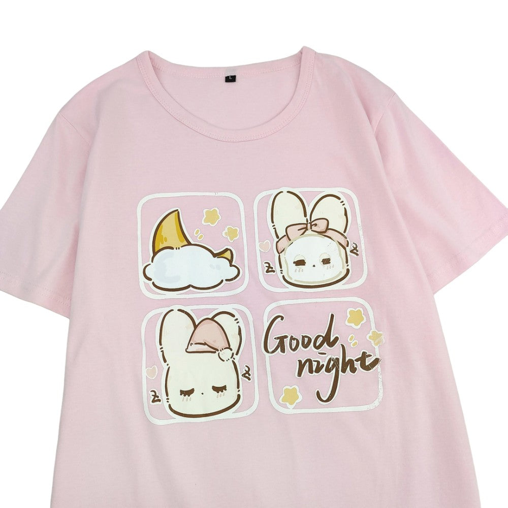Pink Good Night Rabbit Graphic T-Shirt Cute Cartoon Sleepwear Style Top Cotton Short Sleeve
