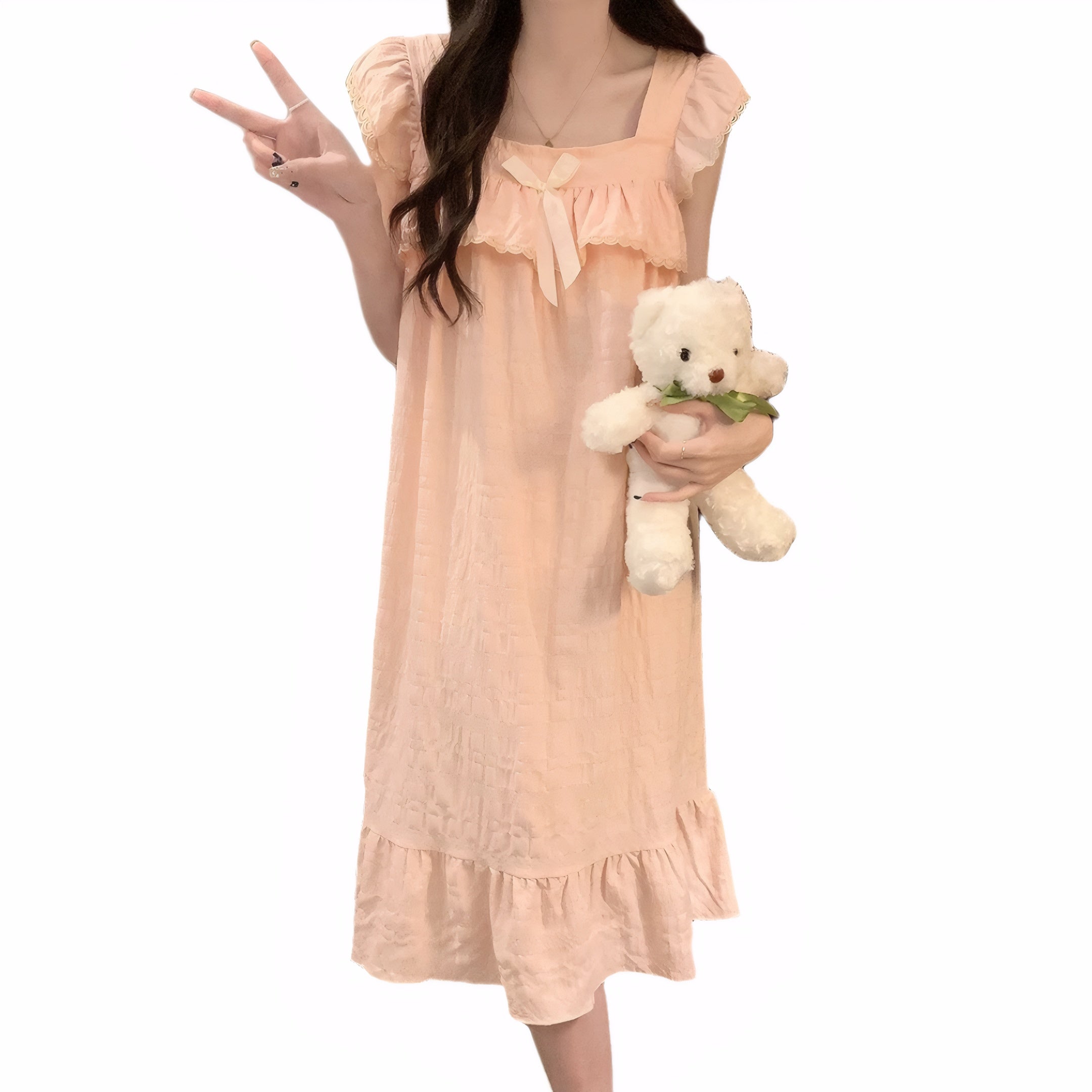 Cute pastel ruffle nightgown with built-in padding and bow detail, perfect for summer lounging
