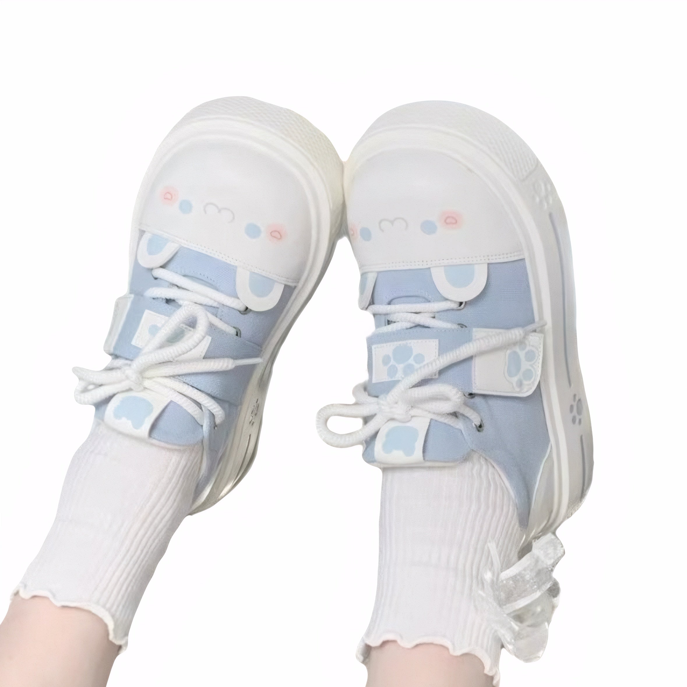 Kawaii pastel platform sneakers with animal face prints, paw patch velcro and PU + canvas upper