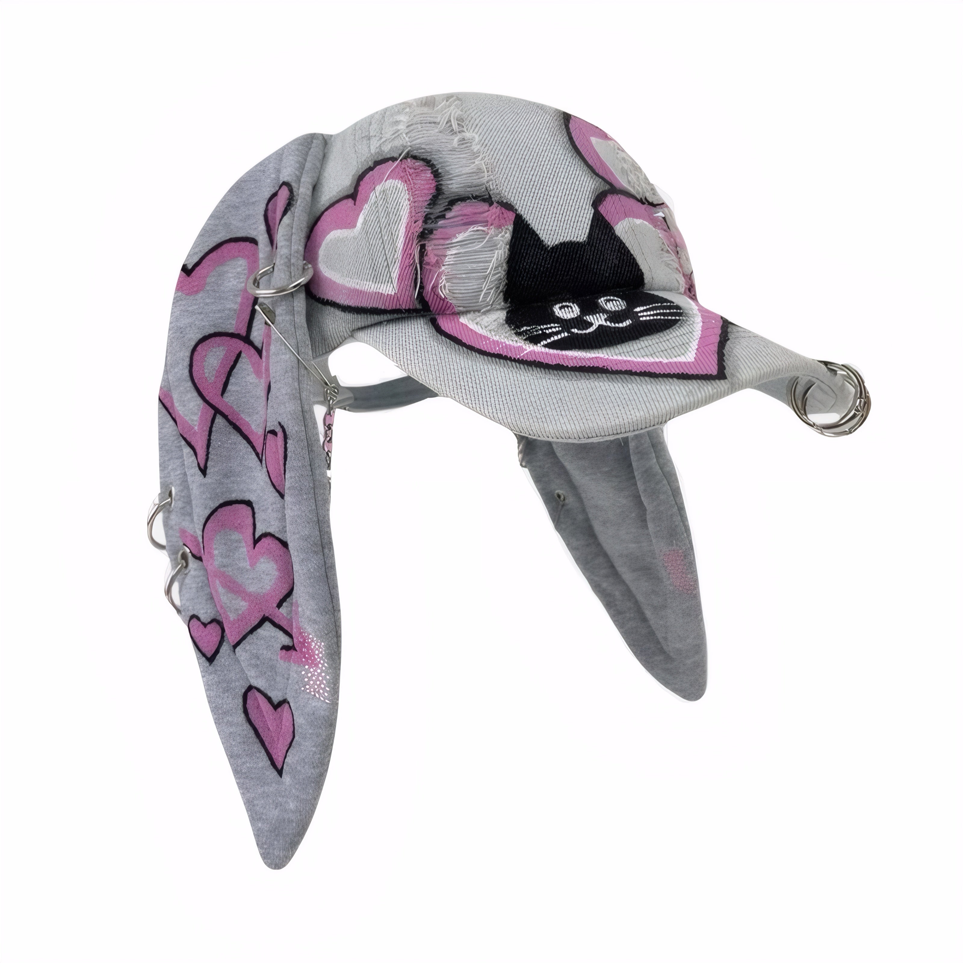 Gray denim baseball cap with long bunny ears, distressed design, and pink graffiti hearts – streetwear Y2K style
