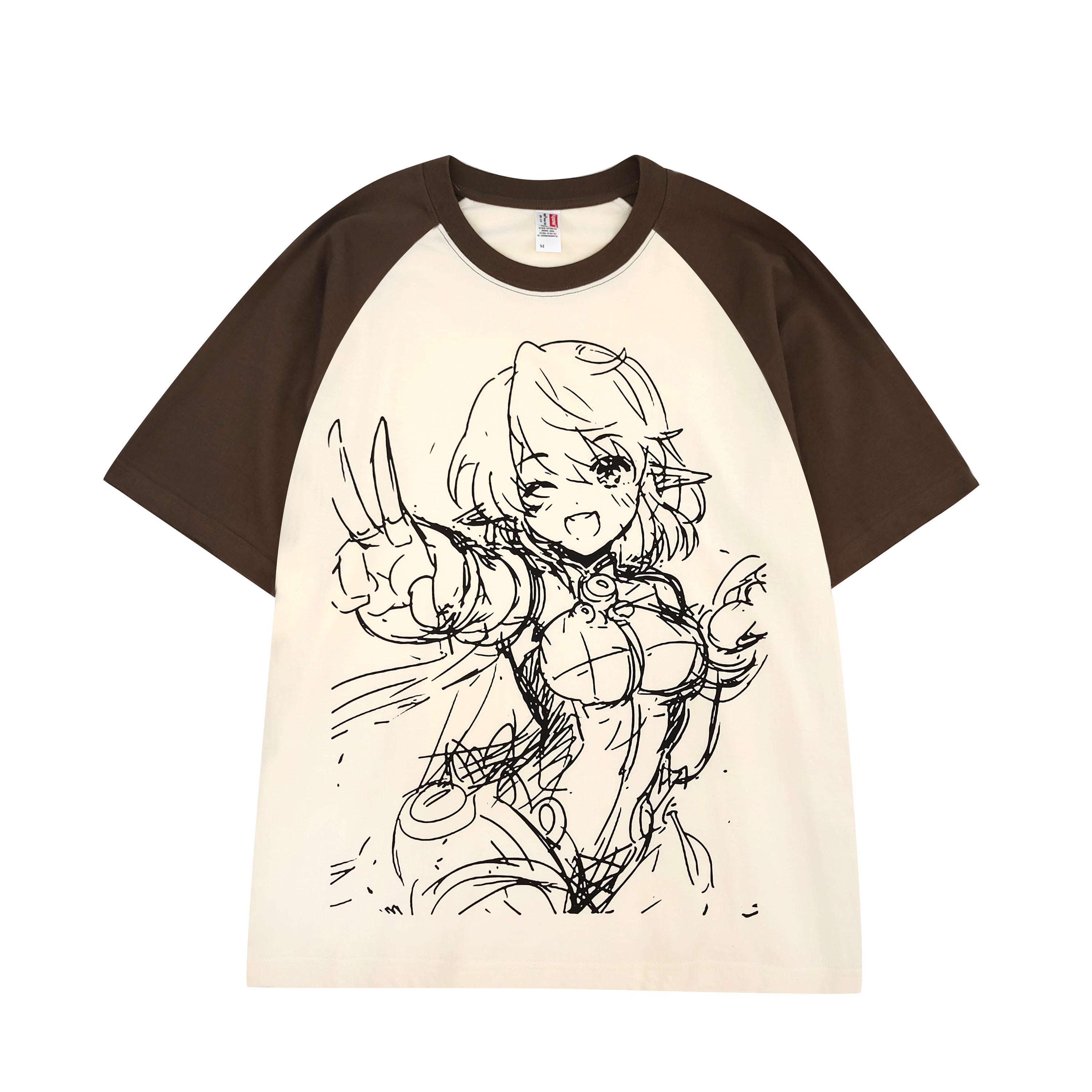 Brown Raglan Anime Sketch Tee Oversized Cotton Graphic T-Shirt Hand-Drawn Hero Print