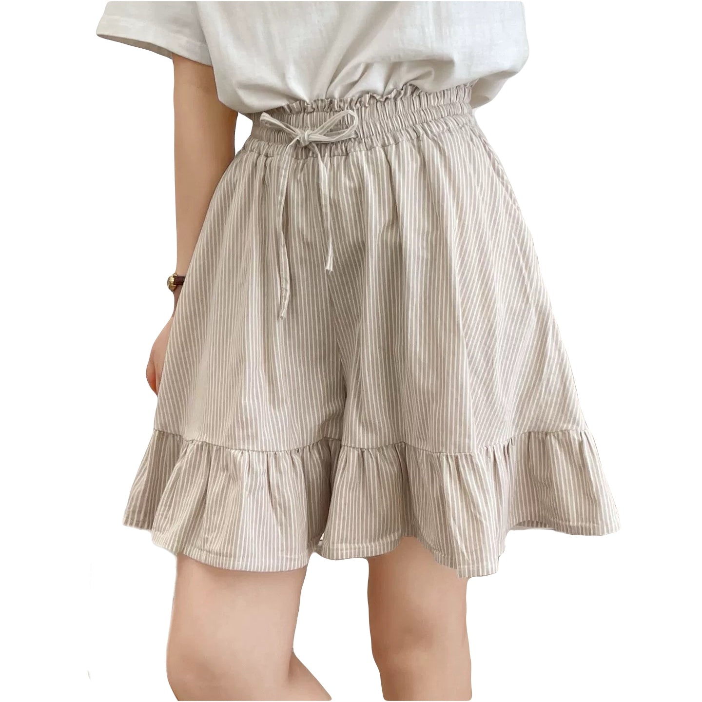 Girl wearing a cute striped ruffle skort with drawstring bow and flared hem in pastel tones khaki Anti-exposure pants skirt