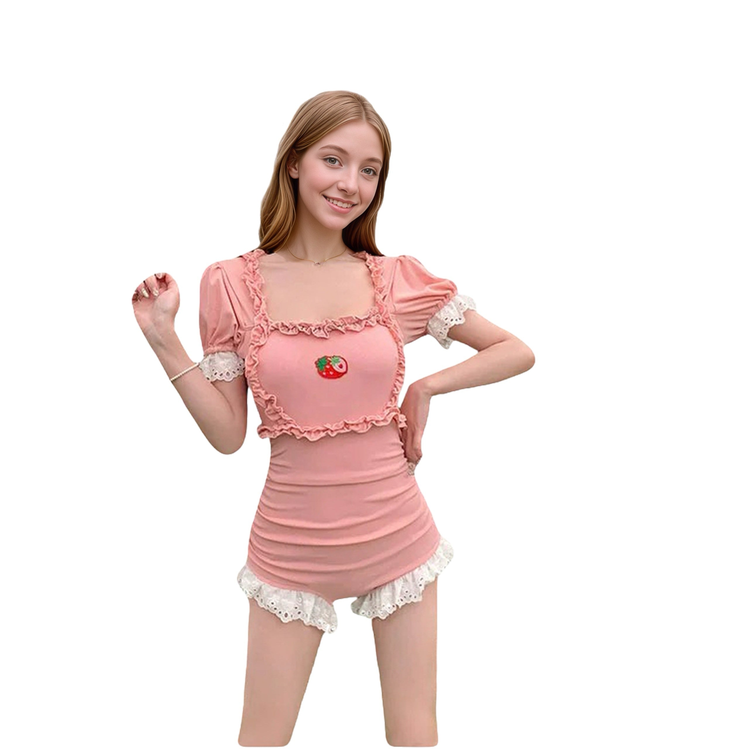 Model wearing a Korean-style one-piece swimsuit with puff sleeves, lace trim, and cute strawberry embroidery