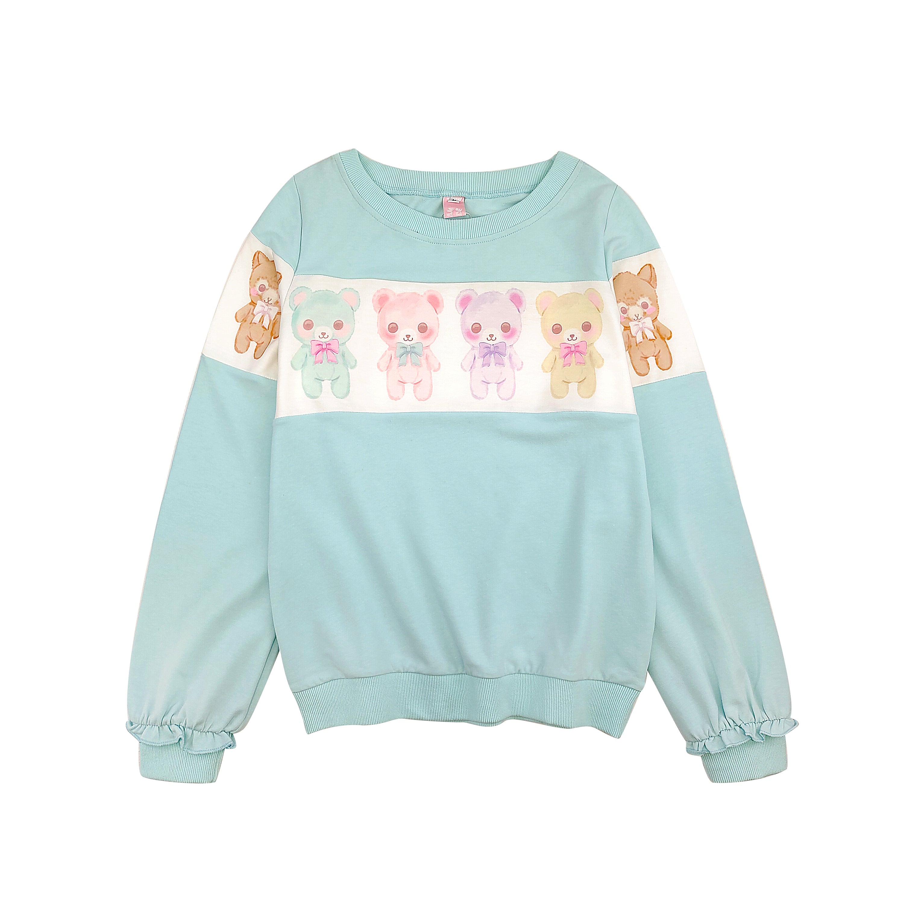 Pastel blue sweatshirt with rainbow teddy bear print on front
