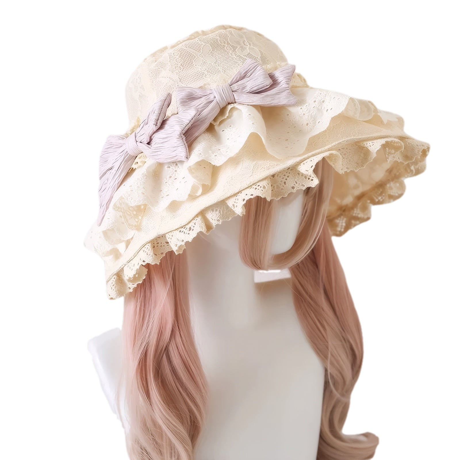 Lace Lolita Bonnet Hat Victorian Kawaii Sun Hat with Optional Bows for Ladies