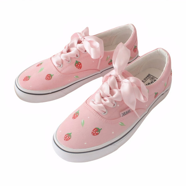 Pink fruit-themed canvas shoes with strawberry hand-painted design lace up kawaii pastel shoes