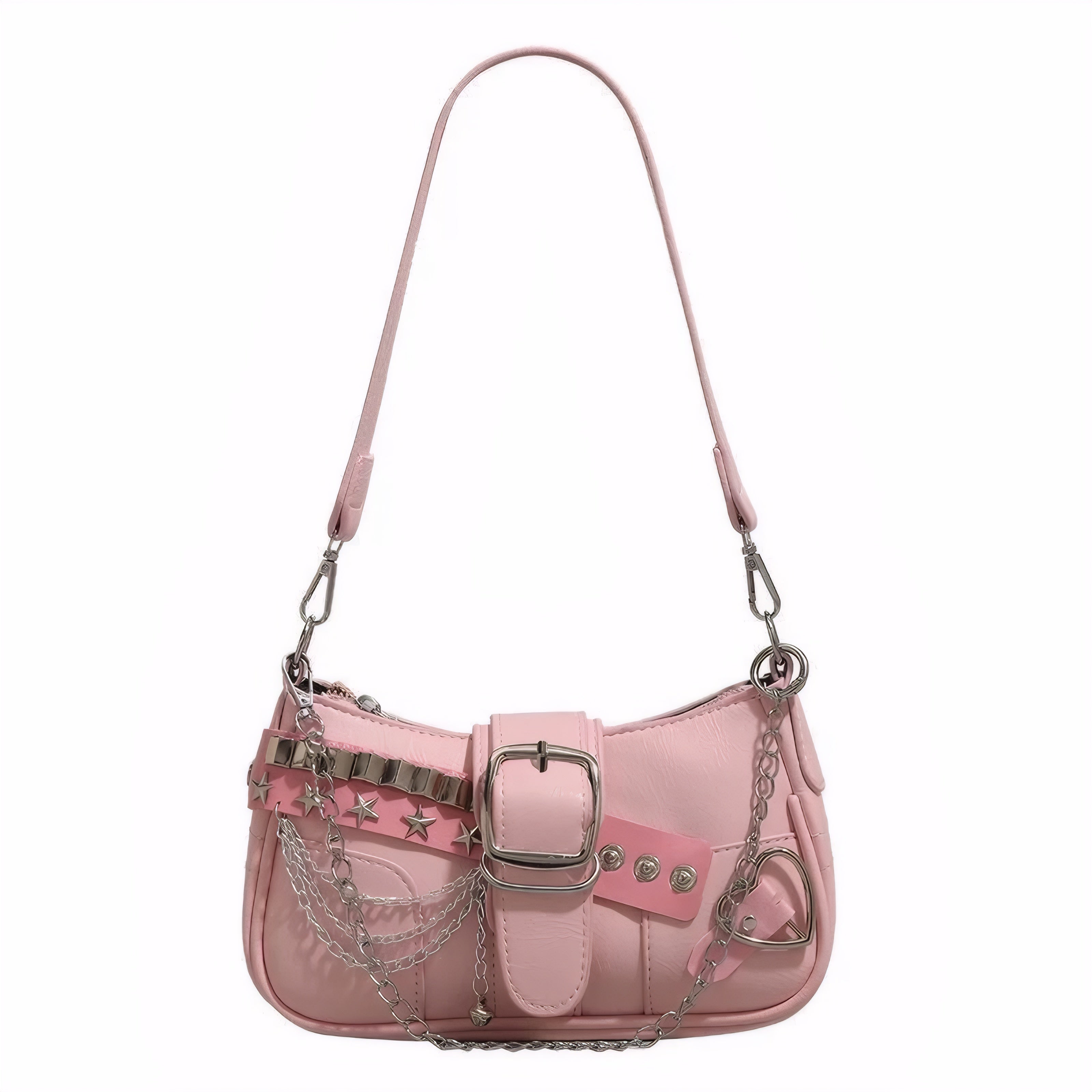Pink Y2K-style shoulder bag with chain details, buckle strap and heart hardware.PU underarm purse modeled by a girl in a striped sweater, perfect for Y2K outfits.