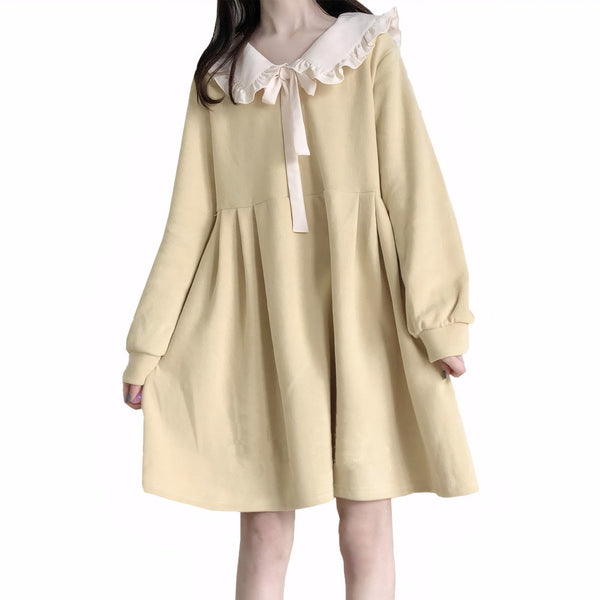 Kawaii Cream Long Sleeve Dress – Cute Peter Pan Collar A-Line Dress with Bow