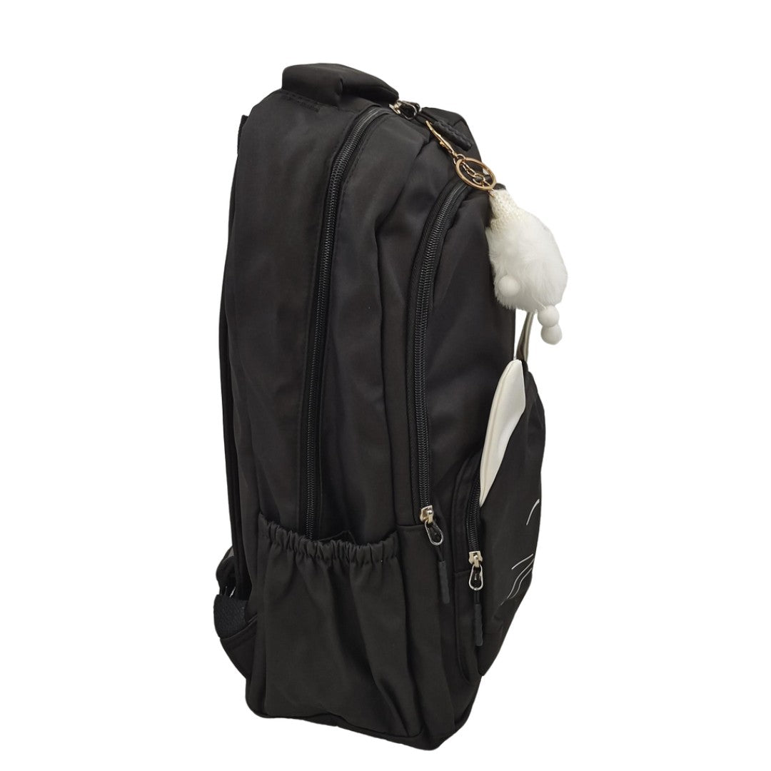 Black Jfashion Cat Ear Backpack with White Plush Charm Cute Kitty Face Schoolbag