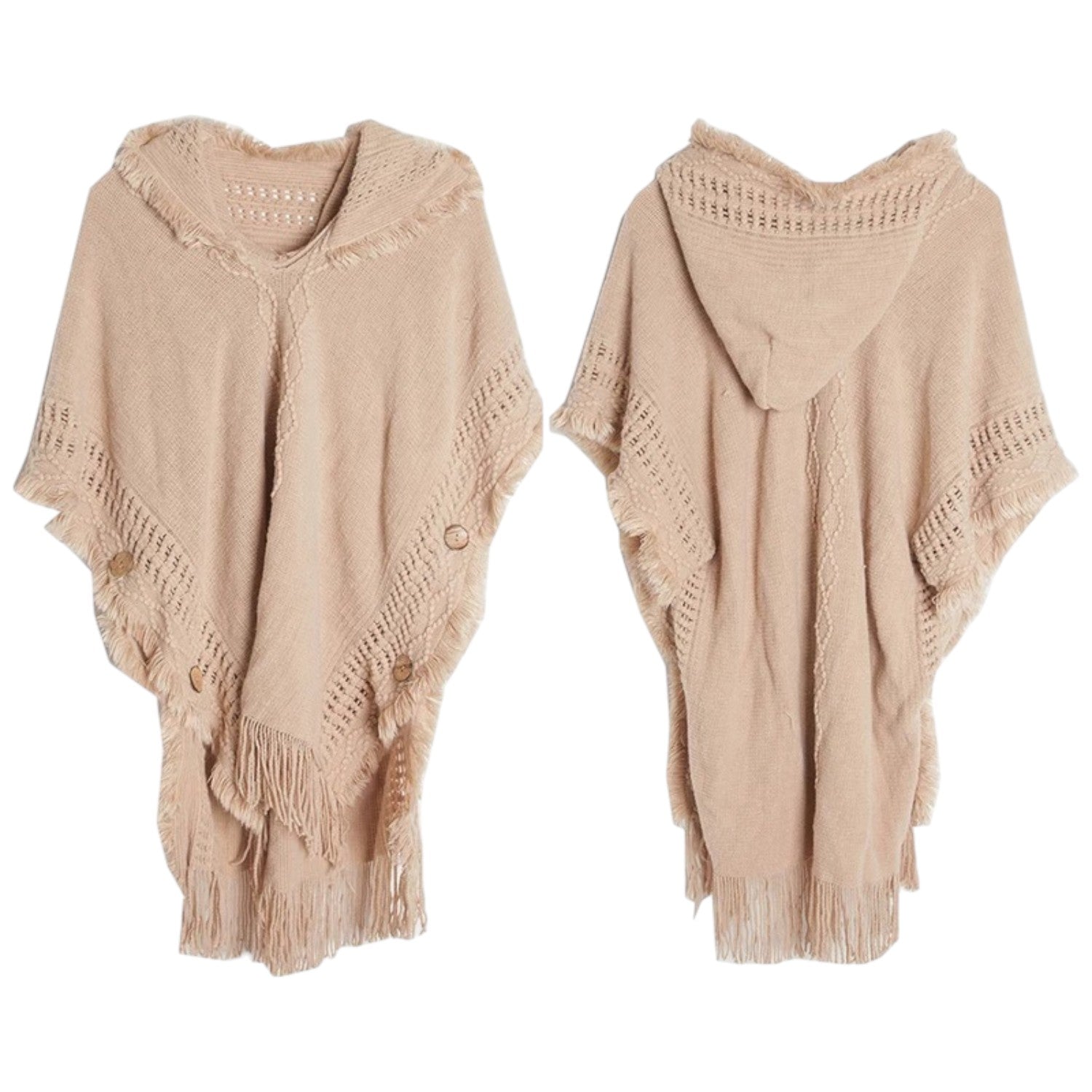 Cream hooded knit poncho shawl with fringe and buttons for women