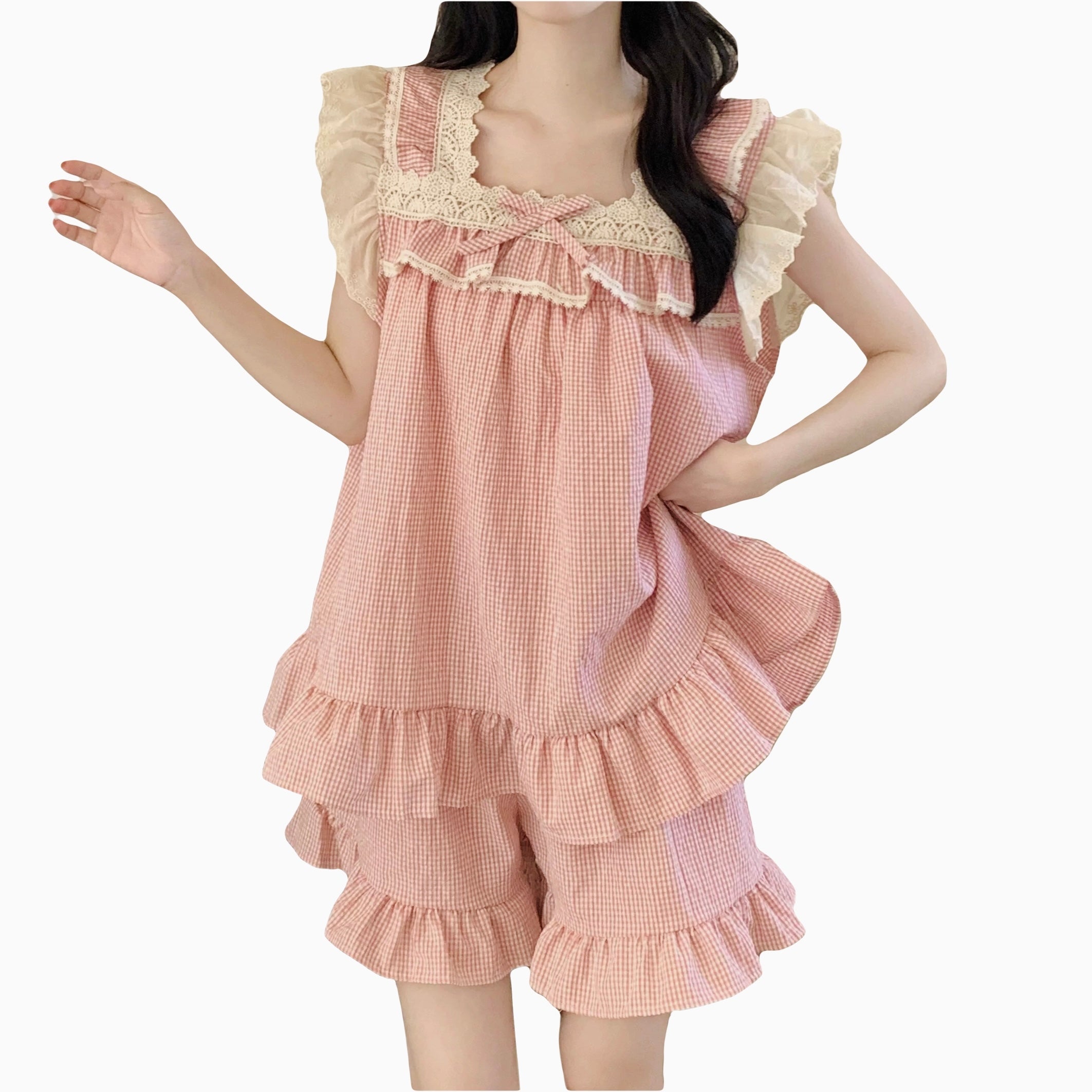 Sleeveless ruffle lace gingham pajama set for women – sweet Korean princess style summer sleepwear with shorts