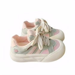 Cute Korean canvas platform sneakers for women with thick rubber soles, available in pink, blue, and green pastel tones.