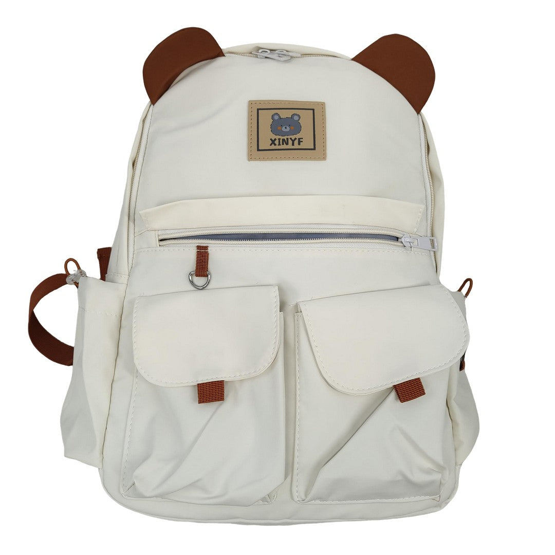 Cute cartoon style travel daypack with brown bear ears and multiple compartments