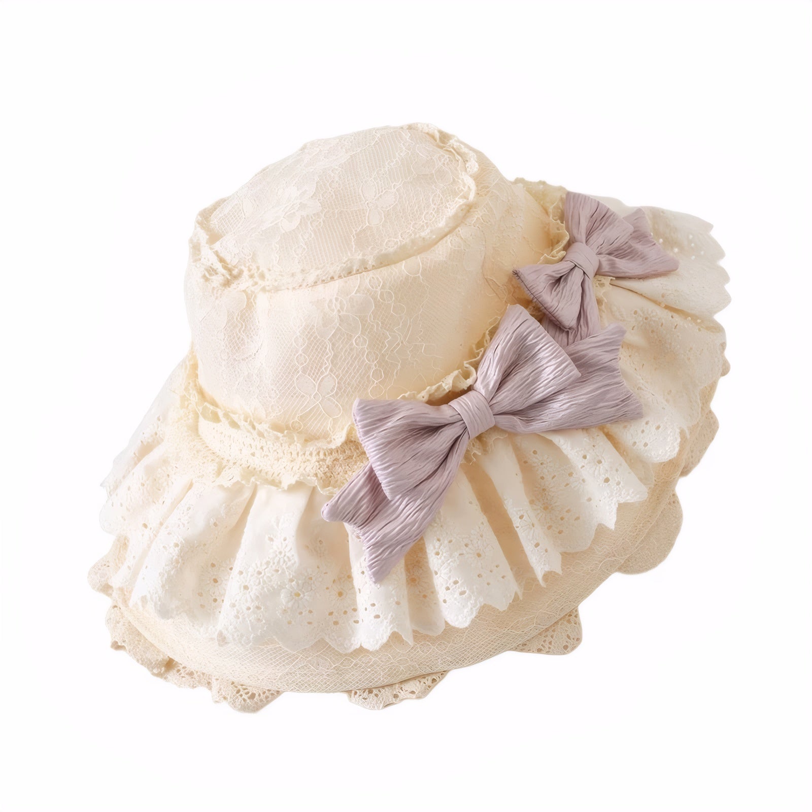 Elegant cream lace bonnet-style hat with ruffled brim and detachable bows, perfect for Lolita or Victorian fashion.